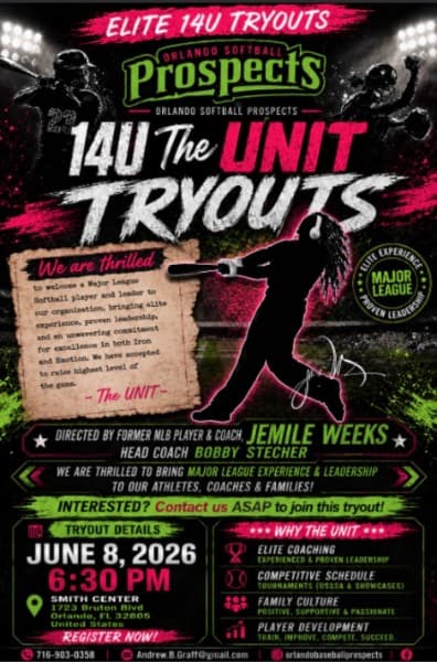14U The Unit Tryouts — June 8, 2026 at 6:30 PM, Smith Center, Orlando FL. Directed by Jemile Weeks, Head Coach Bobby Stecher.
